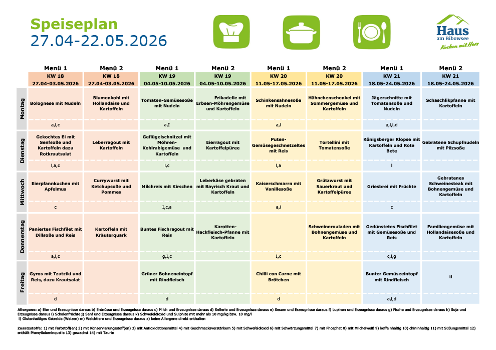 Küche Haus am Bibowsee - Speiseplan Mai