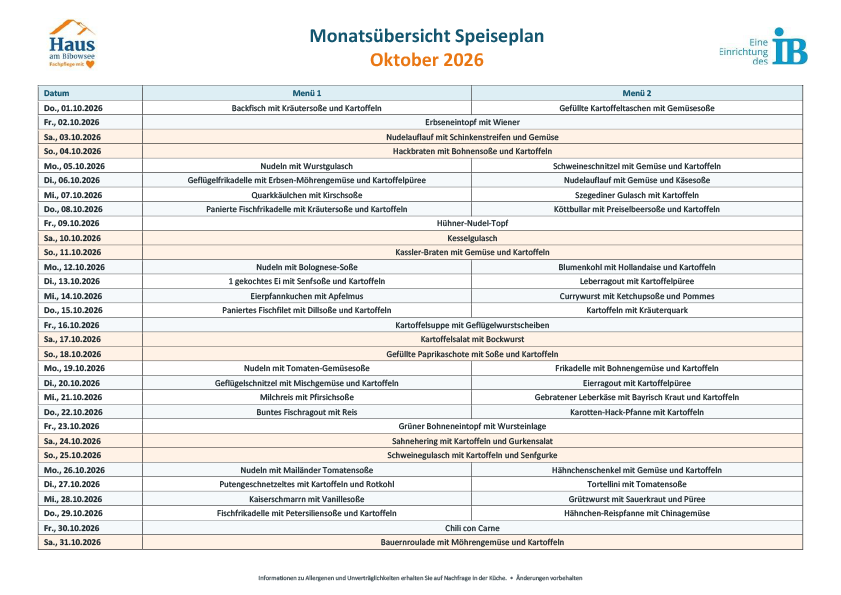 Speiseplan Oktober